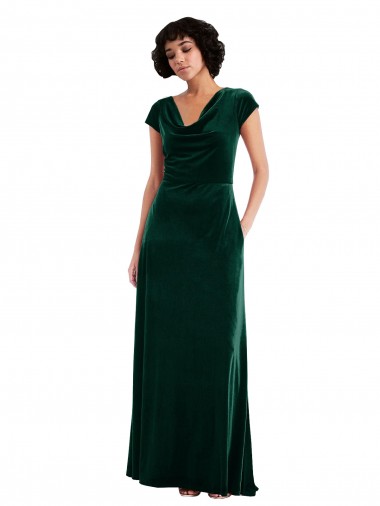 Online Cowl Neck Cap Sleeve Velvet Maxi Prom Dress with Pockets UK