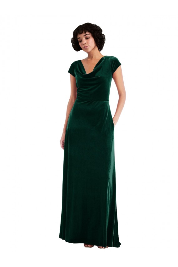 Online Cowl Neck Cap Sleeve Velvet Maxi Prom Dress with Pockets UK