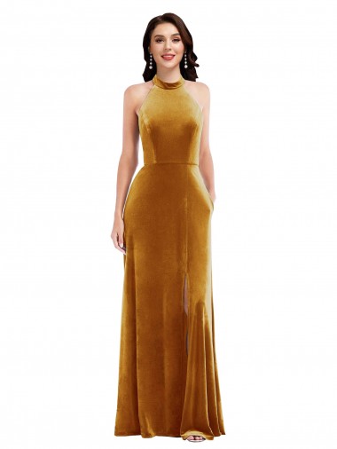 Online High-Neck Halter Velvet Maxi Prom Dress with Front Slit UK