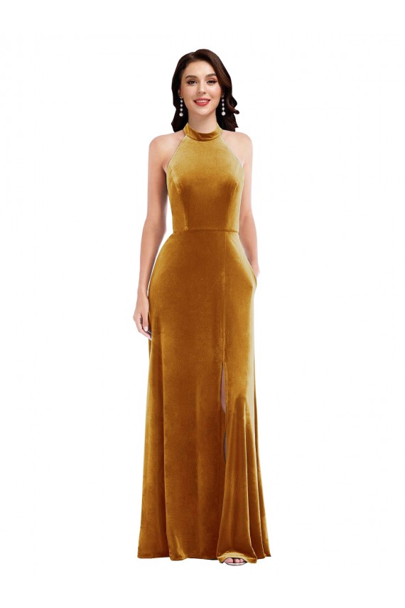 Online High-Neck Halter Velvet Maxi Prom Dress with Front Slit UK