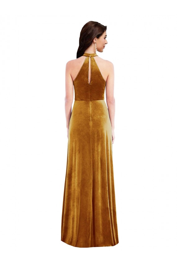 Online High-Neck Halter Velvet Maxi Prom Dress with Front Slit UK