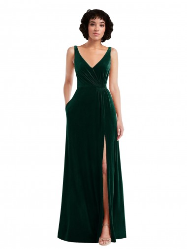 Online Floor Length Velvet Maxi Prom Dress with Shirred Bodice and Front Slit UK