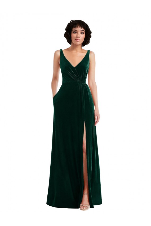 Online Floor Length Velvet Maxi Prom Dress with Shirred Bodice and Front Slit UK