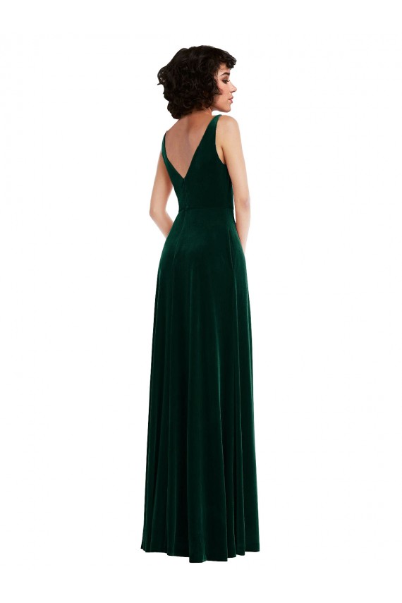 Online Floor Length Velvet Maxi Prom Dress with Shirred Bodice and Front Slit UK