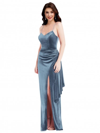 Online Spaghetti Strap Velvet Maxi Prom Dress with Draped Skirt UK