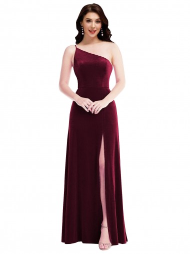 Online One Shoulder Spaghetti Strap Velvet Maxi Prom Dress with Pockets UK