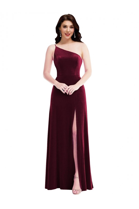 Online One Shoulder Spaghetti Strap Velvet Maxi Prom Dress with Pockets UK