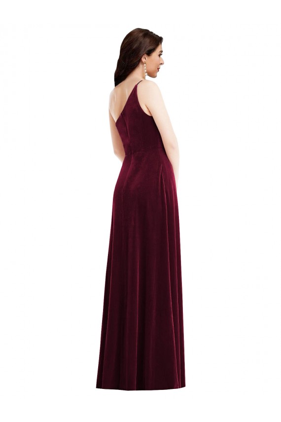 Online One Shoulder Spaghetti Strap Velvet Maxi Prom Dress with Pockets UK