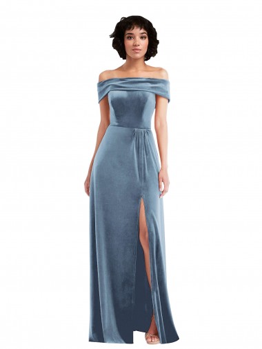 Online Draped Cuff Off the Shoulder Velvet Maxi Prom Dress with Pockets UK