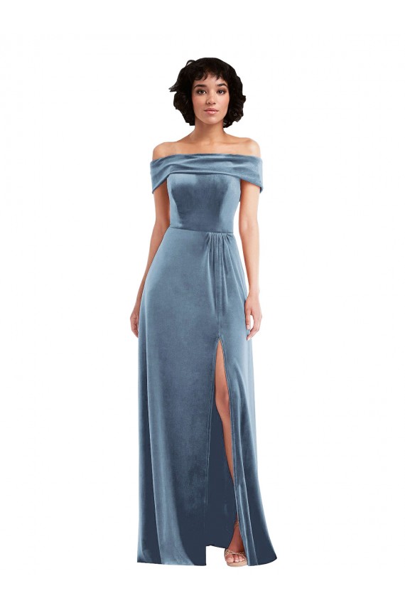 Online Draped Cuff Off the Shoulder Velvet Maxi Prom Dress with Pockets UK