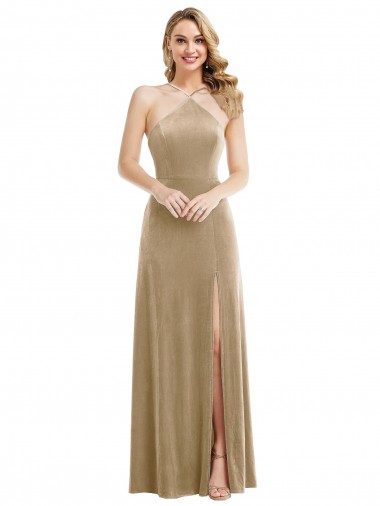 Online High Neck Halter Open Back Long Velvet Maxi Prom Dress with Pockets UK
