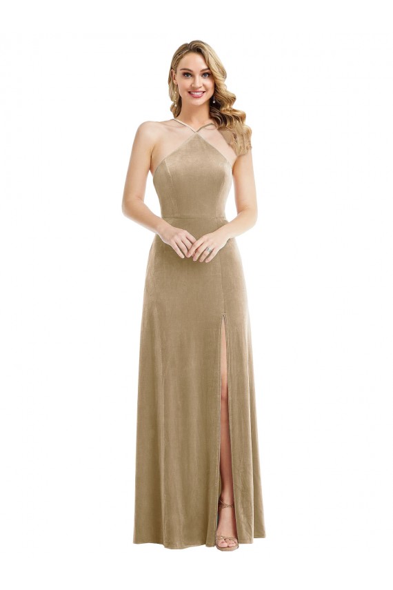 Online High Neck Halter Open Back Long Velvet Maxi Prom Dress with Pockets UK