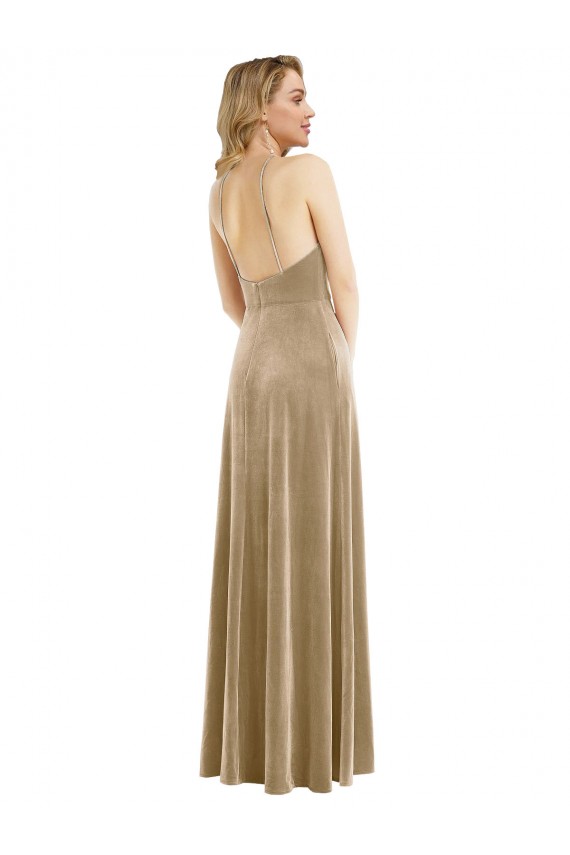 Online High Neck Halter Open Back Long Velvet Maxi Prom Dress with Pockets UK