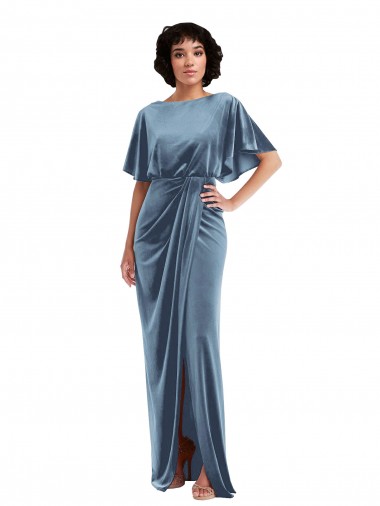 Online Flutter Sleeve Open Back Velvet Maxi Prom Dress with Pockets & Draped Wrap Skirt UK
