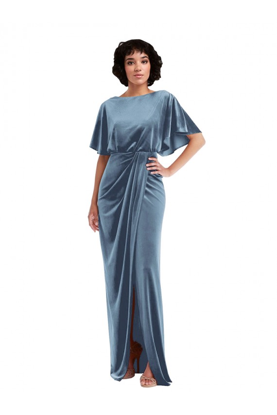 Online Flutter Sleeve Open Back Velvet Maxi Prom Dress with Pockets & Draped Wrap Skirt UK