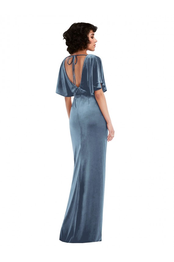 Online Flutter Sleeve Open Back Velvet Maxi Prom Dress with Pockets & Draped Wrap Skirt UK
