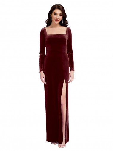 Online Sleek Square Neck Spaghetti Straps Velvet Prom Dress with Side Slit UK