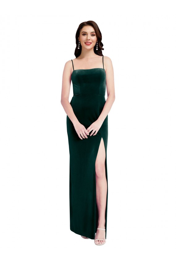 Online Straight Neckline Spaghetti Straps Long Velvet Prom Dress with High Side Slit UK