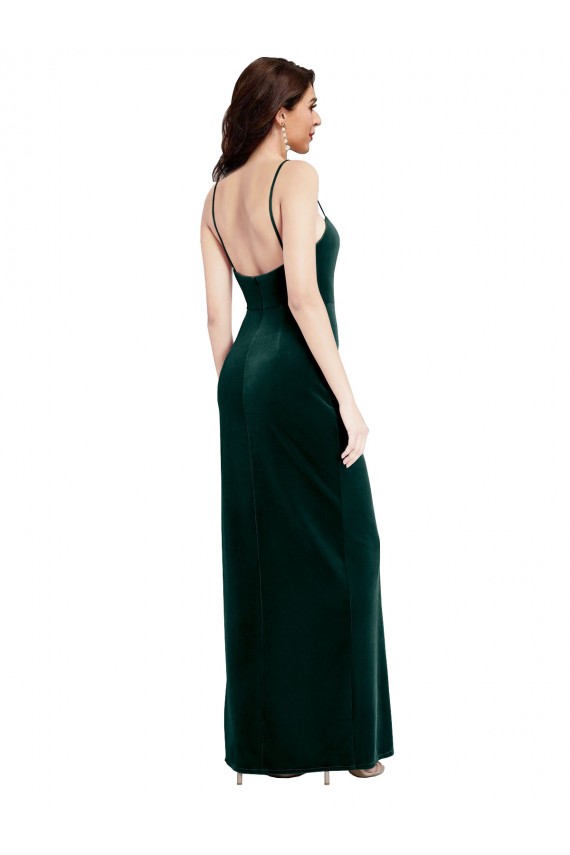 Online Straight Neckline Spaghetti Straps Long Velvet Prom Dress with High Side Slit UK