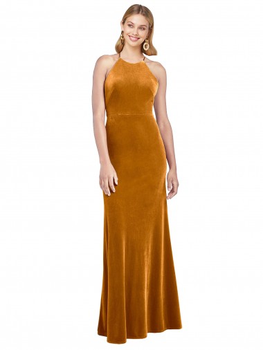 Online Halter Neckline Long Full Length Velvet Prom Dress with Strappy Back UK
