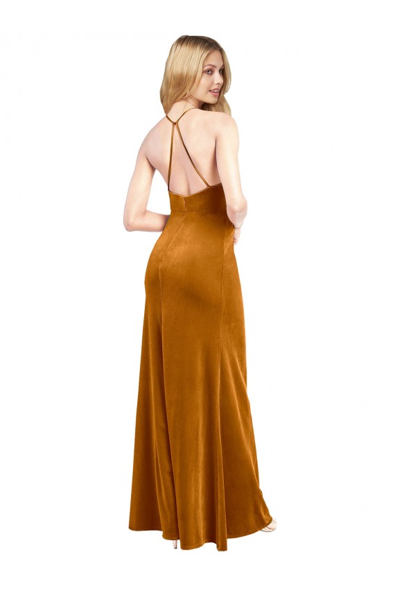Online Halter Neckline Long Full Length Velvet Prom Dress with Strappy Back UK