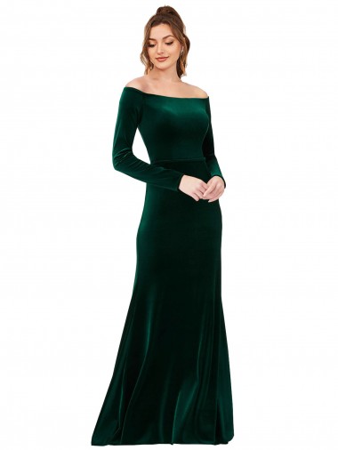 Online Off the Shoulder Long Sleeves Stretch Velvet Prom Dress UK