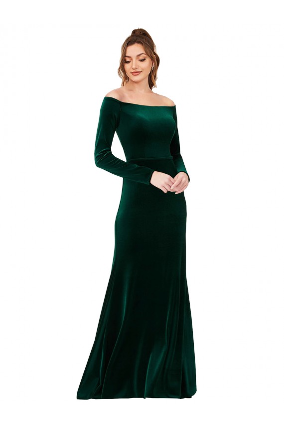 Online Off the Shoulder Long Sleeves Stretch Velvet Prom Dress UK