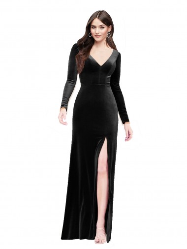 Online Long Sleeves Velvet Prom Dress with V-Neckline and Thigh Slit UK