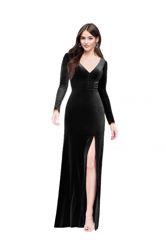 Online Long Sleeves Velvet Prom Dress with V-Neckline and Thigh Slit UK