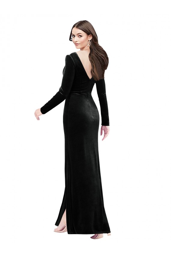 Online Long Sleeves Velvet Prom Dress with V-Neckline and Thigh Slit UK