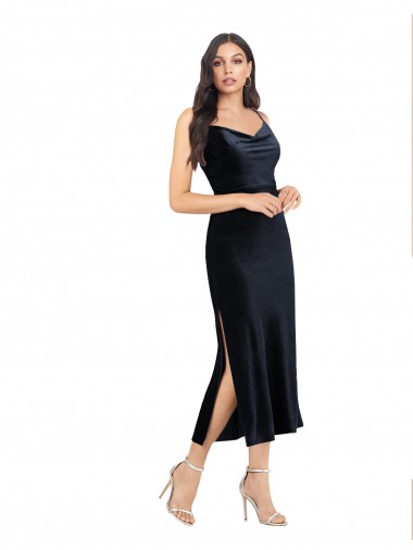Online Midi Length Velvet Cocktail Prom Dress / Homecoming Dress with Cowl Neck and Spaghetti Straps UK