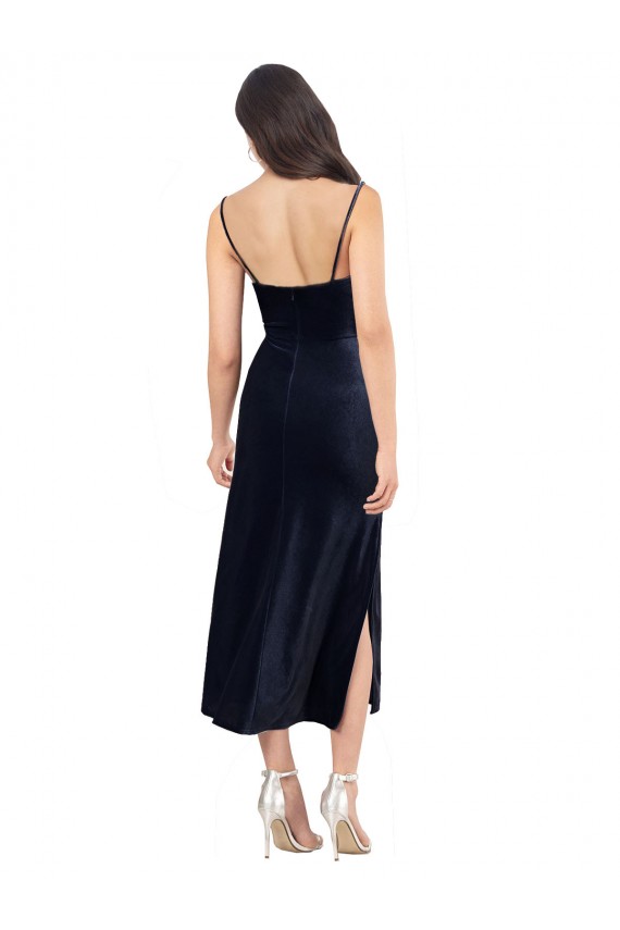 Online Midi Length Velvet Cocktail Prom Dress / Homecoming Dress with Cowl Neck and Spaghetti Straps UK