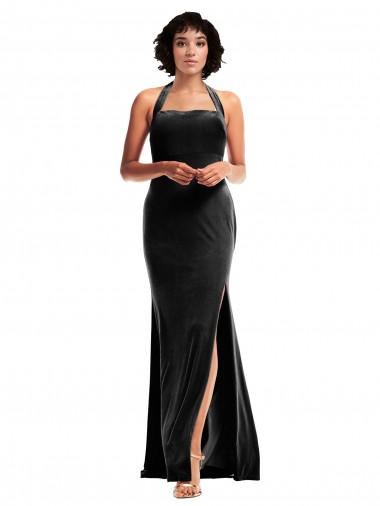 Online Empire Waist Stretch Velvet Prom Dress with Halter Strap UK