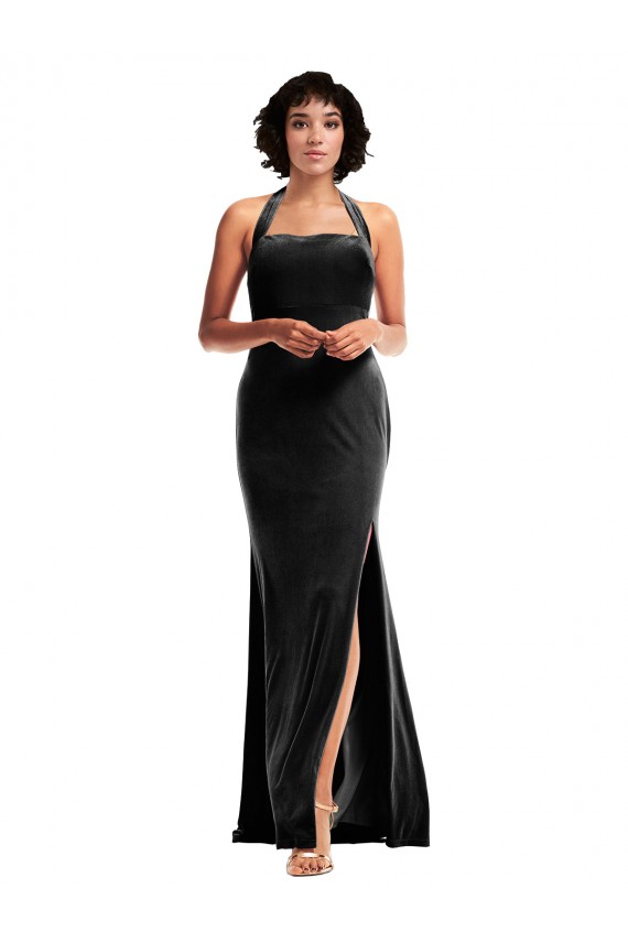Online Empire Waist Stretch Velvet Prom Dress with Halter Strap UK
