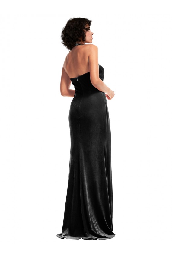 Online Empire Waist Stretch Velvet Prom Dress with Halter Strap UK
