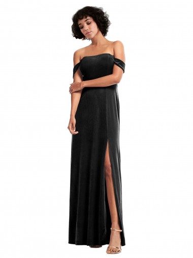 Online Off the Shoulder Drapped Sleeves Stretch Velvet Prom Dress UK