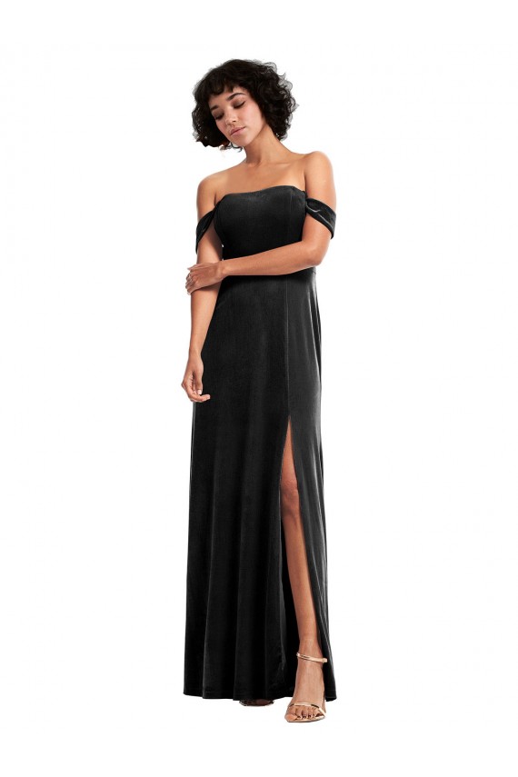 Online Off the Shoulder Drapped Sleeves Stretch Velvet Prom Dress UK
