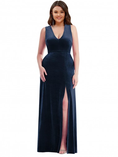 Online Deep V-Neck Sleeveless Velvet Maxi Prom Dress with Pockets UK