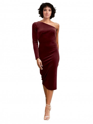 Online One Shoulder Fitted Short Midi Length Velvet Prom Dress UK