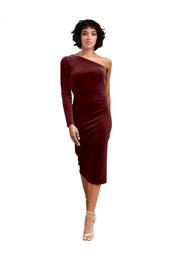 Online One Shoulder Fitted Short Midi Length Velvet Prom Dress UK