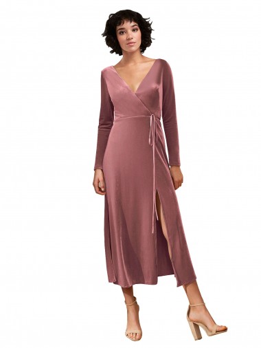 Online Long Sleeve Velvet Faux Wrap Midi Length Prom Dress UK