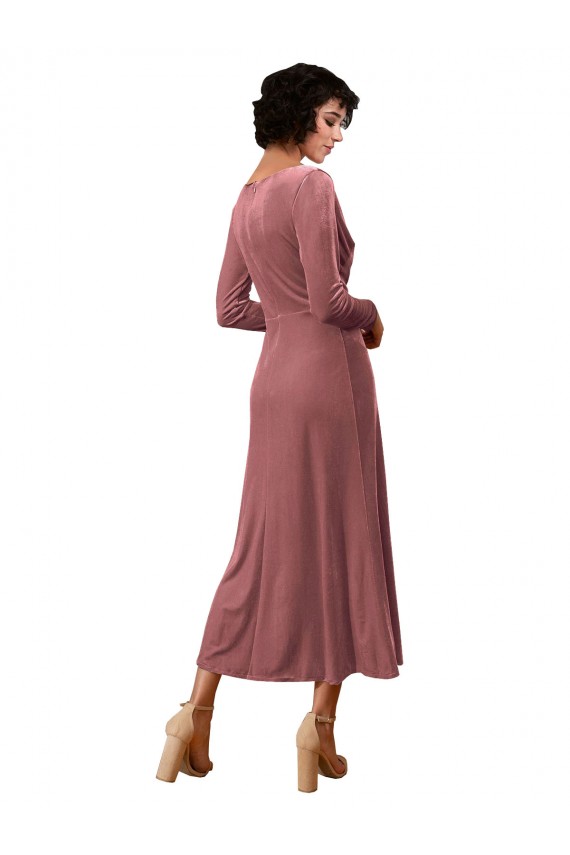 Online Long Sleeve Velvet Faux Wrap Midi Length Prom Dress UK