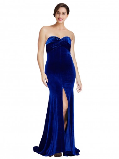 Online Strapless Ruched Velvet Prom Dress with Sweep Train and Front Slit UK