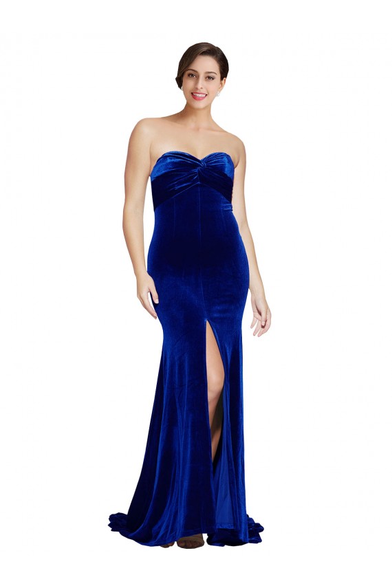 Online Strapless Ruched Velvet Prom Dress with Sweep Train and Front Slit UK