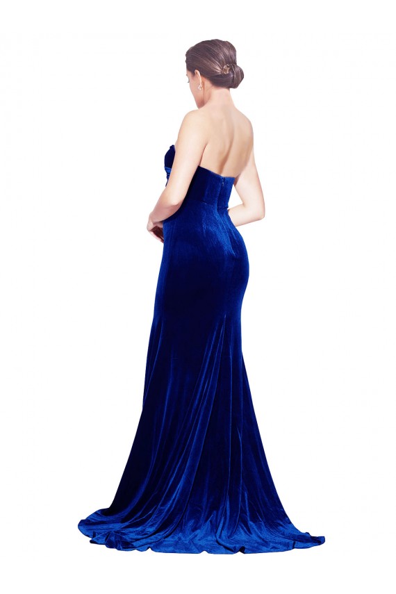 Online Strapless Ruched Velvet Prom Dress with Sweep Train and Front Slit UK