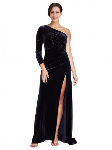 Online One Sleeve Long Velvet Prom Dress with Thigh High Split UK
