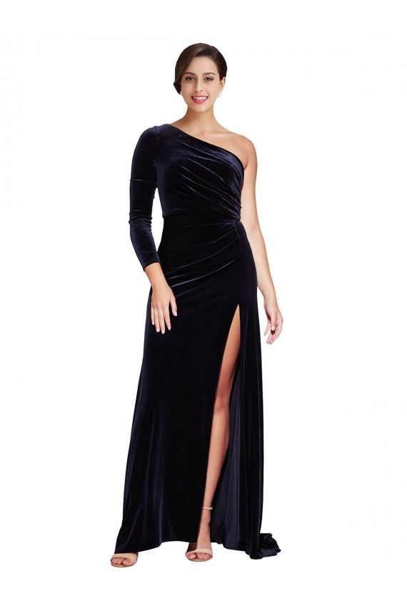 Online One Sleeve Long Velvet Prom Dress with Thigh High Split UK
