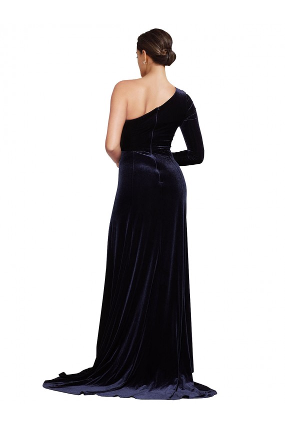 Online One Sleeve Long Velvet Prom Dress with Thigh High Split UK