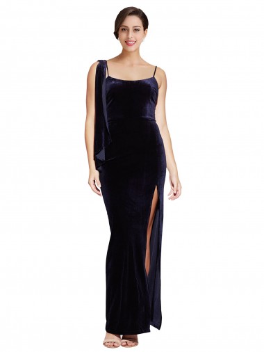 Online Long Velvet Prom Dress with Side Thigh Split and Shoulder Tie UK
