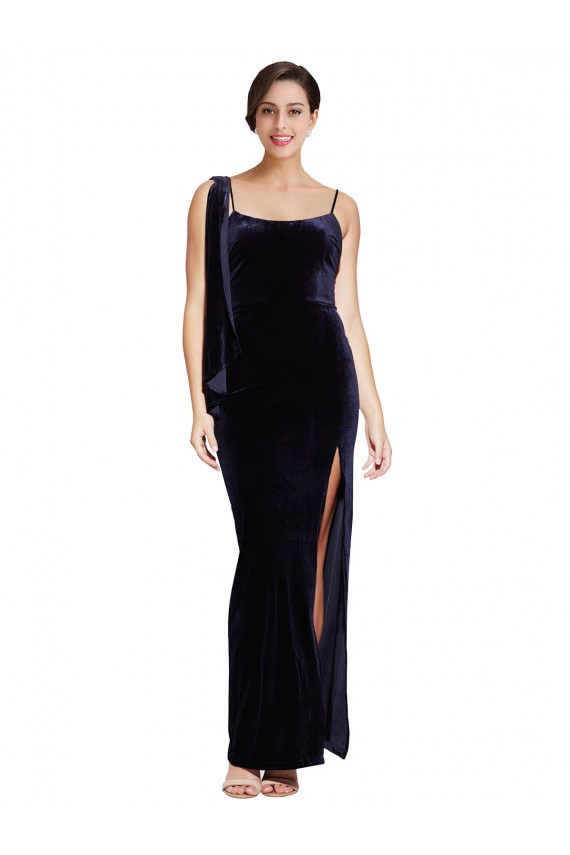 Online Long Velvet Prom Dress with Side Thigh Split and Shoulder Tie UK